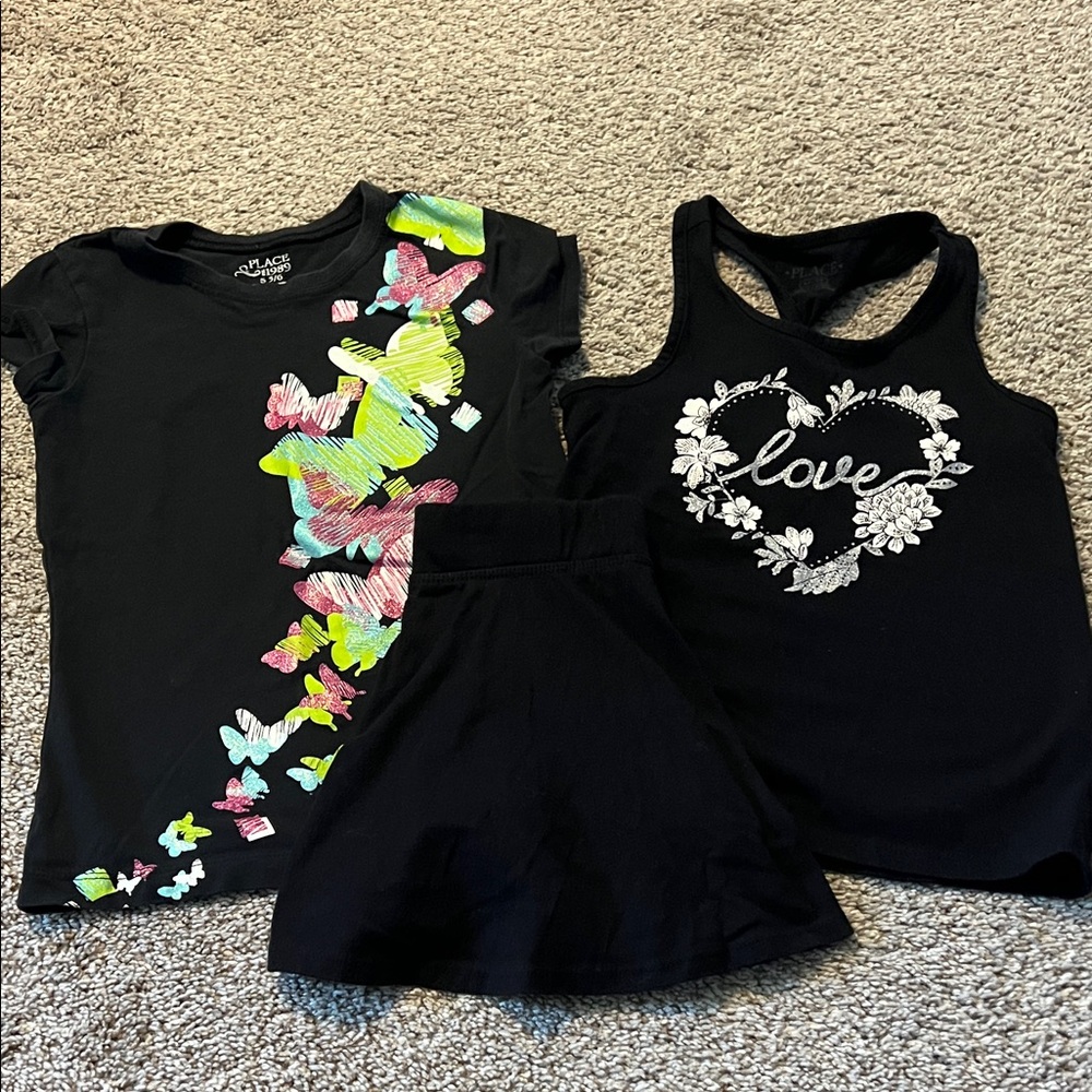 Kids Black Butterfly, Love Heart Tee Set, and Black Skirt